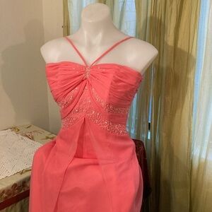 Beautiful Crystal bodice pink gown with sheer overlay size 2